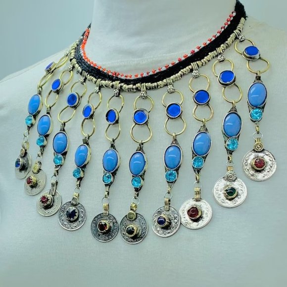 Tribal Dangling Coins Choker Necklace, Long Choker Necklace With Turquoise Stone - Picture 4 of 6